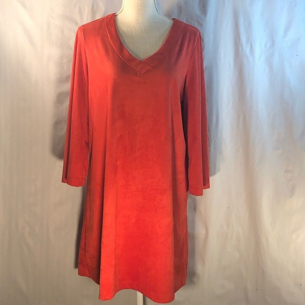 Southcott Dress Burnt Orange Ultra Suede A Line V Neck 3/4 Length Sleeve EUC L👍
